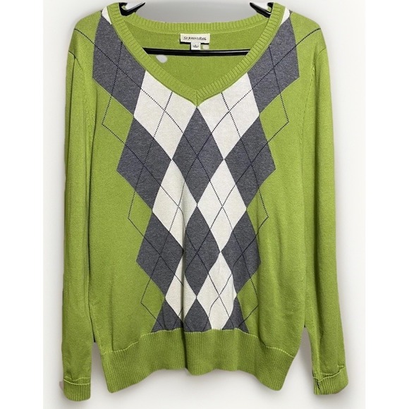 St. John's Bay Sweaters - Retro Argyle Plaid St Johns Bay Womens Sweater‎ Cotton L Lime Green